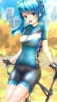  1girl :d aqua_bodysuit autumn bicycle bike_jersey bike_shorts blue_eyes blue_hair blush bodysuit breasts cityscape garter-velvet gloves ground_vehicle hair_ribbon hatsune_miku highres large_breasts leaning_on_object looking_at_viewer medium_hair open_mouth outdoors ribbon sidelocks smile solo standing thighs twintails vocaloid 