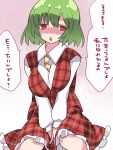  1girl ascot blush breast_squeeze breasts collared_shirt facing_viewer frills green_hair hammer_(sunset_beach) hands_on_lap highres kazami_yuuka long_sleeves plaid plaid_vest red_eyes red_vest shirt sitting skirt skirt_set solo sweat touhou translation_request vest white_shirt yellow_neckwear 