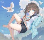  1girl :d animal bangs barefoot bird black_sailor_collar black_skirt blue_cardigan blue_eyes blue_hair blue_sky blush breasts brown_hair cardigan clouds commentary_request day eyebrows_visible_through_hair highres long_sleeves looking_at_viewer mimikaki_(men_bow) multicolored_hair open_cardigan open_clothes open_mouth original outdoors pleated_skirt red_neckwear sailor_collar school_uniform serafuku shirt skirt sky sleeves_past_wrists small_breasts smile solo two-tone_hair white_shirt 