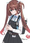  1girl asagumo_(kantai_collection) blue_neckwear brown_hair cowboy_shot dress fingers_together grey_eyes hair_ribbon highres kantai_collection long_hair looking_at_viewer machinery mizuki_eiru_(akagi_kurage) neck_ribbon original_remodel_(kantai_collection) pinafore_dress ribbon searchlight shirt simple_background solo twintails twitter_username white_background white_shirt 