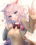  animal_ears bangs blazer blue_eyes blush breasts cat_ears dated dutch_angle eyebrows_visible_through_hair fang final_fantasy final_fantasy_xiv highres jacket long_hair looking_at_viewer medium_breasts miqo&#039;te mirukurim open_mouth pink_hair skin_fang sleeves_past_wrists slit_pupils sweater_vest uniform upper_body 