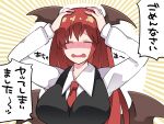  1girl between_breasts blush breasts closed_eyes formal hammer_(sunset_beach) hands_on_head head_wings highres koakuma long_hair necktie open_mouth redhead solo suit touhou translation_request 