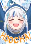  &gt;o&lt; 1girl animal_hood bloop_(gawr_gura) blue_background blue_hair blue_hoodie blush catchphrase closed_eyes commentary emphasis_lines english_text fangs fish_tail gawr_gura highres hololive hololive_english hood hoodie jumping long_hair looking_at_viewer multicolored_hair open_mouth outstretched_arms pov shark_hood shark_tail sharp_teeth silver_hair simple_background smile streaked_hair tail teeth two-tone_background two-tone_hair weizen white_background 