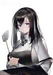 1girl absurdres apron arknights bangs black_apron black_hair breasts coat highres holding holding_spatula large_breasts long_hair long_sleeves looking_at_viewer open_clothes open_coat parted_lips priestess_(arknights) shirt simple_background solo spatula tablet_pc upper_body violet_eyes white_background white_coat white_shirt yushi_ketsalkoatl 