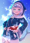  1girl absurdres bangs blue_eyes breasts fue_(lars0713) gawr_gura hands_on_hips highres hololive hololive_english hood hoodie open_mouth shark_hoodie sharp_teeth small_breasts solo teeth virtual_youtuber white_hair 