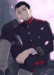  1boy black_eyes black_hair closed_mouth facial_hair facial_scar feet_out_of_frame goatee golden_kamuy hair_strand hand_on_own_face isa_(peien516) leg_up light_particles long_sleeves looking_at_viewer male_focus military military_uniform ogata_hyakunosuke scar scar_on_cheek shirt short_hair simple_background sitting solo uniform upper_body 