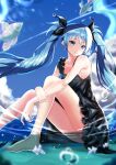  1girl absurdres ahoge barefoot black_bow black_dress blue_eyes blue_hair blue_sky bow breasts closed_mouth clouds collarbone commentary dress fish floating_hair hair_bow hatsune_miku highres itogari long_hair looking_at_viewer partially_submerged shinkai_shoujo_(vocaloid) shiny shiny_hair short_dress sideboob sitting sky sleeveless sleeveless_dress small_breasts smile solo twintails very_long_hair vocaloid water 