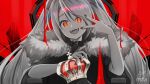  1girl :d absurdres acrylicstroke artist_name belt_collar black_nails collar commission crown fangs frown hatsune_miku highres king_(vocaloid) limited_palette long_hair looking_at_viewer open_mouth red_background red_eyes sitting slit_pupils smile solo throne twintails vocaloid w 