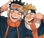  2boys ^_^ bandaid bandaid_on_face bandaid_on_nose black_hair blonde_hair blue_headband closed_eyes commentary_request facial_mark facing_viewer forehead_protector goggles goggles_on_head hand_up headband highres konohagakure_symbol long_sleeves male_focus mirin_(coene65) mouth_pull multicolored multicolored_clothes multiple_boys naruto naruto_(series) naruto_shippuuden orange_jumpsuit pointing short_hair simple_background smile spiky_hair teeth tongue uchiha_obito upper_body uzumaki_naruto v-shaped_eyebrows whisker_markings white_background zipper 
