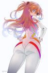  1girl ass bangs blue_eyes bodysuit breasts eyepatch from_behind gloves hair_ornament hands_on_hips highres long_hair looking_at_viewer looking_back medium_breasts neon_genesis_evangelion orange_hair pilot_suit plugsuit rebuild_of_evangelion shikinami_asuka_langley solo souryuu_asuka_langley test_plugsuit turtleneck two_side_up vinhnyu 