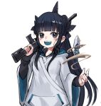  artemis_of_the_blue atelier_live black_eyes black_hair blue_tongue blush gun highres holding holding_weapon hood hoodie indie_virtual_youtuber long_sleeves open_mouth orobou ponytail shark_fin shark_girl sidelocks smile virtual_youtuber weapon white_background 