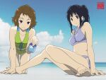  2girls all_fours bangs barefoot beach bikini black_hair blue_bikini blue_ribbon blue_sky breasts brown_hair chitanda_eru closed_mouth clouds collarbone dai_suke_judo_bjj frilled_bikini frills front-tie_bikini front-tie_top highres holding hyouka ibara_mayaka long_hair looking_at_viewer multiple_girls ocean red_eyes ribbon shiny shiny_hair side-tie_bikini sitting sky small_breasts smile soles summer swimsuit thigh_gap violet_eyes wet wet_hair yellow_bikini 