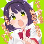  1girl bangs black_bow black_hairband blush bow bow_hairband collared_shirt commentary_request eyebrows_visible_through_hair green_background green_eyes hairband hitoribocchi_no_marumaru_seikatsu index_finger_raised kurai_kako open_mouth pointing pointing_at_viewer purple_hair red_bow school_uniform shirt short_hair short_sleeves solo tanaka_kii translation_request white_shirt 