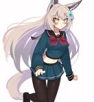  absurdres animal_ears blue_flower breasts character_request copyright_request flower fox_ears fox_girl fox_tail ghost_(tama) grey_hair hair_flower hair_ornament highres long_hair medium_breasts school_uniform serafuku tail very_long_hair virtual_youtuber yellow_eyes 