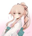  1girl brown_eyes commentary_request floral_print hair_flaps hair_ribbon icesherbet japanese_clothes kantai_collection kimono long_hair looking_at_viewer pink_hair ponytail ribbon solo translation_request upper_body v_arms very_long_hair white_kimono yura_(kantai_collection) 