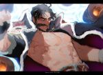  1boy abs bara beard belt black_hair blurry cannon cape chest_hair clenched_hand edward_teach_(fate/grand_order) facial_hair fate_(series) fingerless_gloves gloves grin letterboxed looking_at_viewer male_focus mustache navel omuraisusyougunn red_eyes smile upper_body 