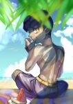  1boy beach_towel bird clouds commentary_request day fingernails food from_behind fruit hand_up highres hop_(pokemon) komame_(st_beans) looking_at_viewer looking_back male_focus male_swimwear outdoors plate pokemon pokemon_(game) pokemon_swsh shirtless short_hair sitting sky solo swim_trunks swimwear towel watermelon watermelon_seeds yellow_eyes 