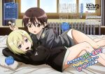  2girls absurdres bed blonde_hair blue_eyes blush breasts brown_eyes brown_hair candy chocolate erica_hartmann eyebrows_visible_through_hair food food_in_mouth gertrud_barkhorn highres indoors looking_at_viewer lying military military_uniform multiple_girls official_art on_back on_bed open_mouth pillow small_breasts strike_witches uniform window world_witches_series yokoyama_kenji 