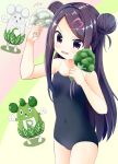  1girl arm_up bare_arms blue_swimsuit blush broccoli buck_teeth commentary_request covered_navel cowboy_shot double_bun food gloves hair_ornament heart heart_hair_ornament highres holding holding_food holding_vegetable inakami leaf long_hair multicolored multicolored_background ochikobore_fruit_tart one-piece_swimsuit open_mouth purple_hair school_swimsuit sekino_roko shiny shiny_hair signature standing swimsuit vegetable very_long_hair violet_eyes wavy_mouth whiskers white_gloves 