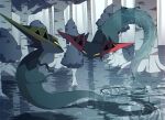  alu_drp claws closed_mouth dragapult eye_contact floating gen_8_pokemon looking_at_another outdoors pokemon pokemon_(creature) ripples tree water water_drop 