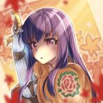  1girl bangs blush brown_capelet brown_gloves collarbone commentary day egnigem_cenia eyebrows_visible_through_hair floral_print gauntlets gloves hair_between_eyes holding holding_sword holding_weapon leaf light_rays long_hair long_sleeves looking_at_viewer lowres maple_leaf open_mouth purple_hair ragnarok_online red_eyes rifu_skr rose_print shaded_face solo star_(symbol) sword swordsman_(ragnarok_online) upper_body weapon 