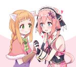 2girls animal_ears blue_eyes blush braid character_request green_eyes heart holding_hands kirara_fantasia koisuru_asteroid looking_at_another ma_tsukasa multiple_girls ochikobore_fruit_tart open_mouth orange_hair pink_hair sakura_ino