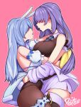  2girls animal_ears artist_name blonde_hair blue_hair breasts bunny_tail colored_inner_hair faceless faceless_female highres hololive hololive_indonesia hug large_breasts long_hair moona_hoshinova multicolored_hair multiple_girls open_mouth pafutora pink_background purple_hair rabbit_ears skindentation tail thick_thighs thighs usada_pekora virtual_youtuber yuri 