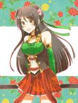  1girl arms_behind_back bare_shoulders black_hair brown_eyes flower guan_yinping hair_flower hair_ornament hasumi_hiko navel open_mouth shin_sangoku_musou shin_sangoku_musou_7 skirt smile solo 