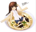  bad_id brown_eyes brown_hair chopsticks cup food girl_in_a_cup girl_on_a_plate in_container in_cup in_food lesskiss long_hair minigirl noodles original plate skirt solo thigh-highs thighhighs udon 