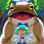  bad_id blue_hair cirno frog hachi_(8bit_canvas) lowres oekaki oogama oversized_animal ribbon ribbons touhou wings you_gonna_get_raped 