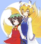  animal_ears bad_id blonde_hair brown_eyes brown_hair chen happy headpat lowres multi_tail multiple_girls multiple_tails oza_watto petting short_hair surcoat tail touhou wink yakumo_ran yellow_eyes 