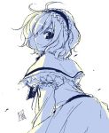  alice_margatroid blue capelet from_behind hairband looking_back monochrome oekaki profile ribbon sideways_mouth smile touhou 