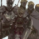  blonde_hair cape dragoon dragoon_(fft) final_fantasy final_fantasy_tactics helmet knight_(fft) lancer_(fft) lowres manly oekaki ramza_beoulve shield short_hair spikes sword weapon 