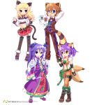  animal_ears armcho arms_behind_head blonde_hair blue_eyes blush_stickers boots brown_eyes brown_hair cat_(trickster) cross_laced_legwear dragon_(trickster) fox_(trickster) glasses head_wings headwings midriff multi_tail multiple_girls multiple_tails navel open_mouth purple_eyes purple_hair raccoon_(trickster) skirt tail thigh-highs thighhighs trickster violet_eyes 