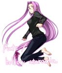  barefoot bow face fate/stay_night fate_(series) feet glasses hair_bow jeans jumping long_hair purple_eyes purple_hair ribbon ribbons rider simple_background solo toes very_long_hair violet_eyes white_background yanagi_(tsukiakari) 