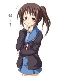  brown_hair cardigan dekosuke genderswap kyonko ponytail school_uniform suzumiya_haruhi_no_yuuutsu 