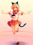  animal_ears blue_eyes cat_ears crossdressing cuilan highres male nekomimi outstretched_arms red_hair redhead school_uniform senko_no_ronde senkou_no_ronde solo spread_arms standing_on_one_leg tail trap usa_(artist) usaki_(ama) 