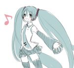 fumii green hatsune_miku monochrome musical_note sketch spot_color thigh-highs thighhighs twintails vocaloid zettai_ryouiki 