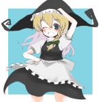 blonde_hair blue_eyes blush braid hand_on_hat hand_on_hip hat kirisame_marisa long_hair lowres maid oza_watto simple_background touhou wink witch_hat 