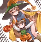  bare_shoulders bat_wings blue_eyes breast_rest breasts breasts_on_head cape china_dress chinadress chinese_clothes costume glasses halloween hat headboob jack-o'-lantern jack-o-lantern mole mother_and_daughter nakamura_tetsuya pumpkin side_slit smile trick_or_treat wings witch witch_hat 
