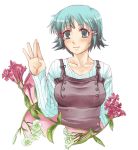  aqua_hair blue_(artist) flower fushimi_yukari routes short_hair smile solo striped waving yukari 