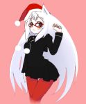  christmas glasses hat long_hair original oza_watto pantyhose red_pantyhose santa_hat school_uniform simple_background tights white_hair 