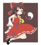  bad_id blush brown_hair detached_sleeves hair_ribbon hair_ribbons hakurei_reimu japanese_clothes miko oza_watto red_eyes ribbon ribbons simple_background touhou yin_yang 