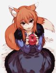  animal_ears apples brown_hair fang hisahiko holo long_hair red_eyes spice_and_wolf tail wolf_ears  