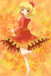  autumn barefoot blonde_hair feet leaf leaves looking_back maple_leaf michii_yuuki orange_(color) orange_background orange_dress solo touhou 