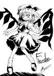  character_name fang flandre_scarlet hat monochrome short_hair smile touhou wings 