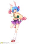  animal_ears armcho backpack bag blue_hair boxing_gloves bunny_(trickster) bunny_ears happy headband hoodie looking_at_viewer loose_socks navel open_mouth pleated_skirt rabbit_ears red_eyes short_hair simple_background skirt socks solo standing_on_one_leg trickster white_background 