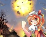  blonde_hair clenched_hand explosion fang flandre_scarlet from_below lowres open_mouth red_eyes side_ponytail smile touhou wings wink 