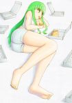  c.c. cc code_geass eating food fujii_isana green_hair legs lying midriff pizza shorts tank_top 