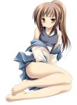  brown_eyes brown_hair feet kyonko namamo_nanase one-piece_swimsuit ponytail school_swimsuit school_uniform serafuku shirt_pull suzumiya_haruhi_no_yuuutsu swimsuit swimsuit_under_clothes tomoeda 